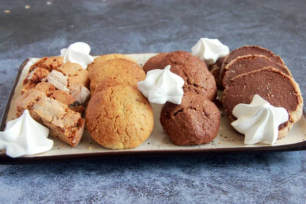 Assorted Cookies Plate Fresh Homemade Cookies Biscotti Chocolate Cookies Sugar — 스톡 사진