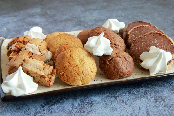 Assorted Cookies Plate Fresh Homemade Cookies Biscotti Chocolate Cookies Sugar —  Fotos de Stock