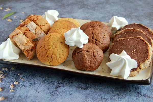 Assorted Cookies Plate Fresh Homemade Cookies Biscotti Chocolate Cookies Sugar — 스톡 사진