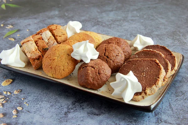 Assorted Cookies Plate Fresh Homemade Cookies Biscotti Chocolate Cookies Sugar — 스톡 사진