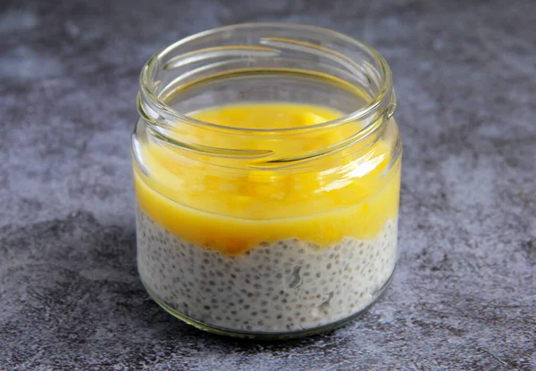 Chia Pudding Coconut Milk Mango Puree Delicious Vegan Breakfast Desert — Fotografie, imagine de stoc