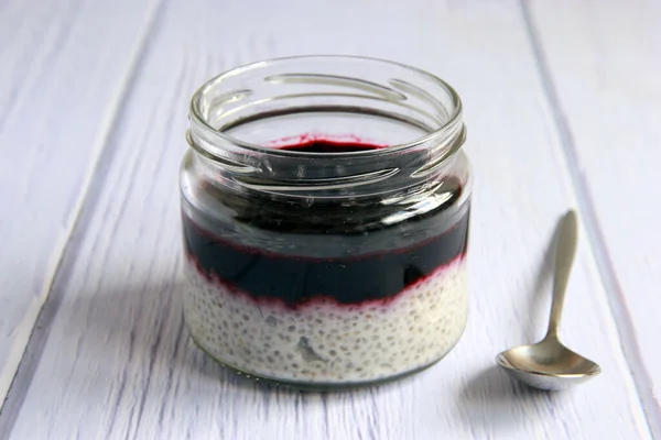 Vegan Chia Pudding Coconut Milk Black Currant Topping Healthy Vegan — ストック写真