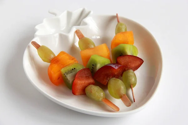 Fruit Kebabs Kid Party Made Fresh Fruits Fresh Kiwi Plum — ストック写真