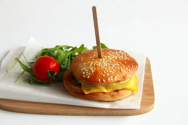 Delicious Beef Burger Cheese Fresh Vegetables Finger Food Appetizer Kids — Zdjęcie stockowe