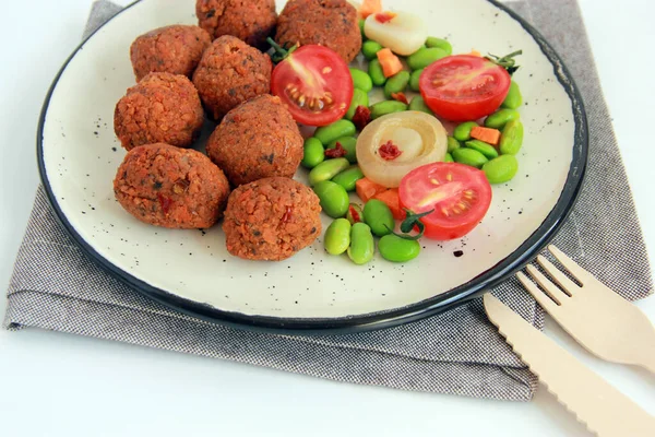 Vegan Soy Meatballs Plate Healthy Vegan Meal Soy Cutlets Vegetables — 스톡 사진