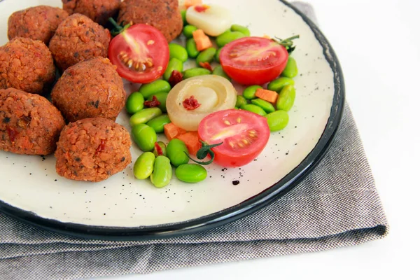 Vegan Soy Meatballs Plate Healthy Vegan Meal Soy Cutlets Vegetables — 스톡 사진