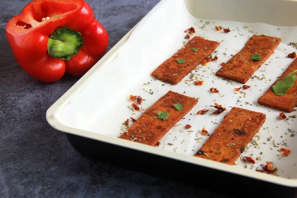 Vegan Bacon Made Tofu Smoked Paprika Healthy Vegetarian Appetizer Made — Stockfoto