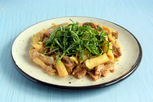 Vegan Pasta Soy Meat Basil Vegetarian Meal Penne Plate Vegan — Fotografie, imagine de stoc