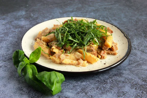 Vegane Nudeln Mit Sojafleisch Und Basilikum Vegetarische Mahlzeit Penne Auf — Stockfoto