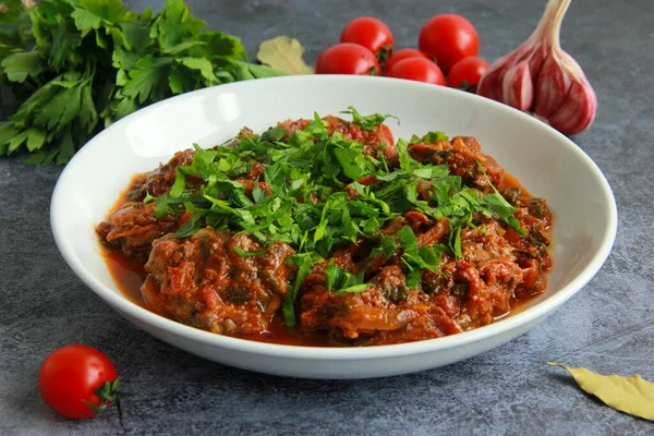 Traditional Chicken Chakhokhbili Plate Georgian Dish Stewed Chicken Tomato Sauce — ストック写真