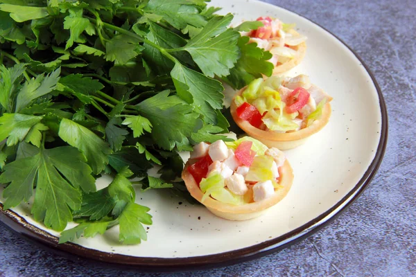 Tartlets Filled Salad Plate Little Fourchette Canapes Filled Duck Vegetables — Photo