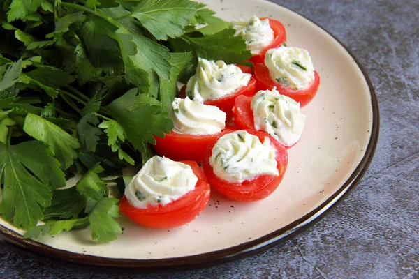 Cold Appetizer Cherry Tomatoes Filled Cream Cheese Fourchette Finger Food — Foto de Stock