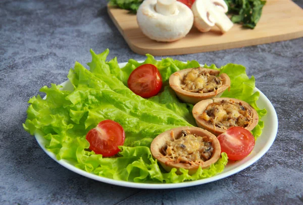 Fourchette Appetizer Tartlets Mushroom Cheese Julienne Party Food Canapes Plate — Photo