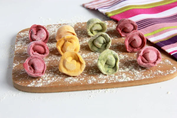 Olorful Dumplings Kids Different Colors Handmade Pelmeni Red Green Pink — Stock Fotó