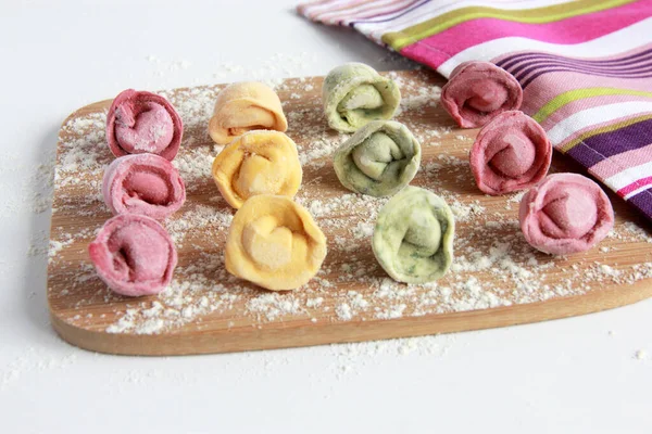 Olorful Dumplings Kids Different Colors Handmade Pelmeni Red Green Pink — стоковое фото