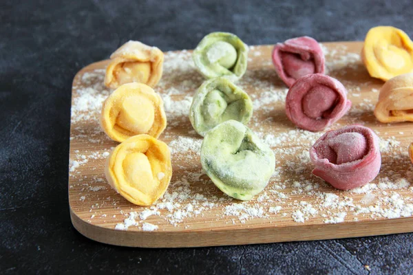 Olorful Dumplings Kids Different Colors Handmade Pelmeni Red Green Pink — Fotografie, imagine de stoc