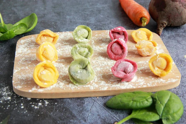 Olorful Dumplings Kids Different Colors Handmade Pelmeni Red Green Pink — стоковое фото