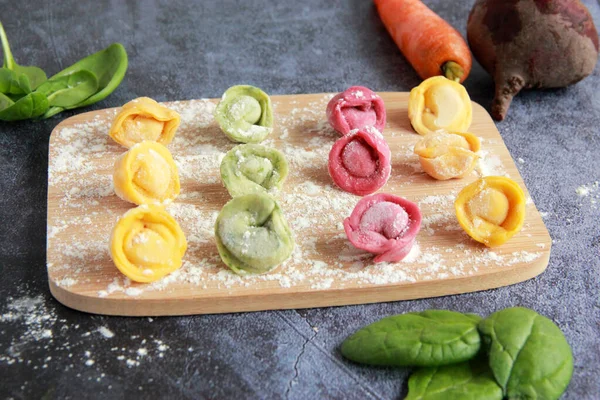 Olorful Dumplings Kids Different Colors Handmade Pelmeni Red Green Pink — Fotografia de Stock