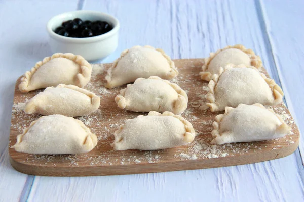 Varenyky Black Currant Filling Ukrainian Handmade Dumplings Berry Filling Raw —  Fotos de Stock