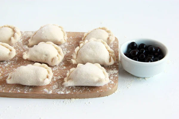 Varenyky Black Currant Filling Ukrainian Handmade Dumplings Berry Filling Raw — Stock Photo, Image