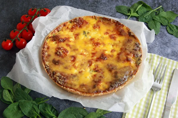 프랑스 연어와 시금치 쿼이어 넣는다 치즈를 곁들인 맛있는 집에서 맛있는 — 스톡 사진