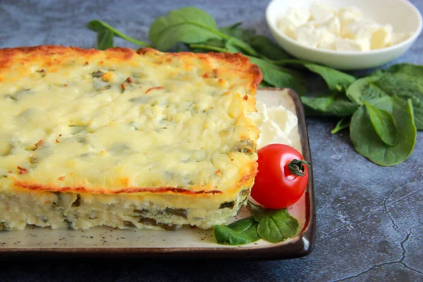 Queijo Caseiro Assar Com Queijo Cottage Mussarela Espinafre Caçarola Queijo — Fotografia de Stock