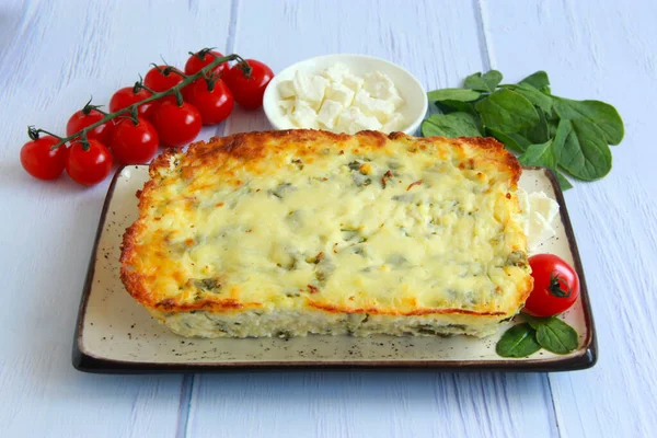 Brânză Casă Coace Brânză Vaci Mozzarella Spanac Caserola Brânză Integrală — Fotografie, imagine de stoc