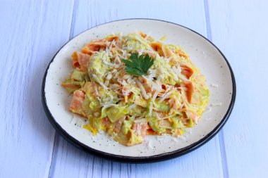 Tavuk, çam fıstığı ve parmesanlı zoodle makarna. Lezzetli ev yapımı kabak ve kremalı havuçlu erişte ve tavuk..
