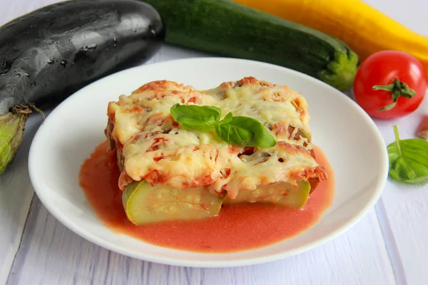 Homemade Ratatouille Cheese Tomato Sauce Delicious French Summer Vegetable Dish — Stock Photo, Image