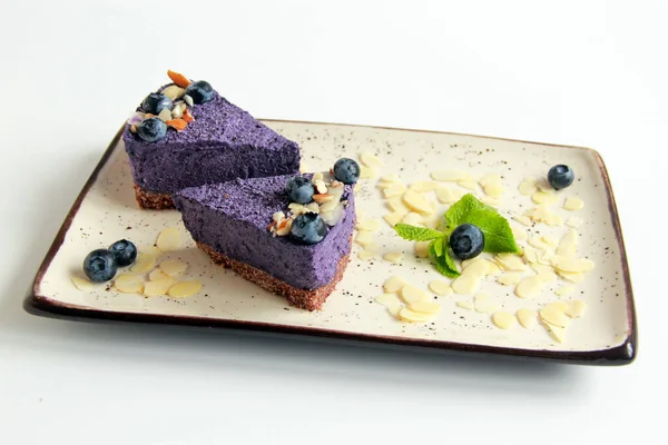 Vegan Blueberry Cheesecake Plate Fresh Berries Mint Almond Flakes Delicious — Photo