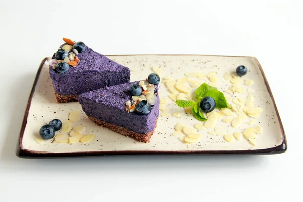 Vegan Blueberry Cheesecake Plate Fresh Berries Mint Almond Flakes Delicious — Photo