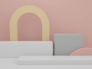 Güzellik ve Moda Ürünleri için Görünüm Platformları Arkaplanı ile 3D Hazırlama Minimal Geometrik Dekorları. Pembe, Sarı, Beyaz ve Gri.