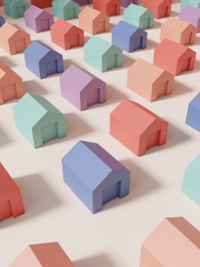 3D Renklendirme Çoklu Pastel Renk Stüdyosu Çekim Minyatürü veya Gökkuşağı Yapboz Blokları Kart, Poster veya Web Afişi için Evler Arkaplanı. Mor, Sarı, Pembe ve