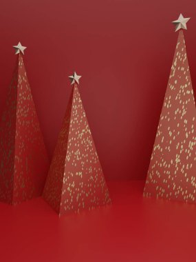3D Rendering Seasonal ya da Christmas Studio Stüdyo Çekim Arkaplanı Kağıt Desteği Noel Ağaçları Lüks Ürünleri ya da Festivalsel Ürünler.
