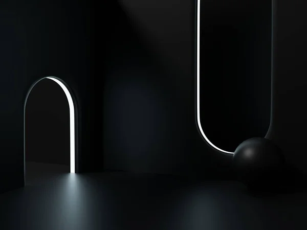 Gadgets Elektronik veya Teknolojik Ürünler için 3D Rendering Dark Room Siyah Stüdyo Çekim Ürünleri Arkaplanı Geometrik Şekiller ve Platformlar.