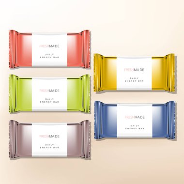 Vektör Enerji Çubuğu, Kolajen Peptid veya İçecek Tozu Metalik Folyo Paketleri, Kese, Sachet veya Paket Paketi.