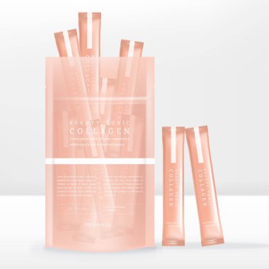 Vector Collagen Peptide veya Zip Lock Yarı Şeffaf Kese, Sachet veya Paket Paketinde İçecek Tozu Paketleri.