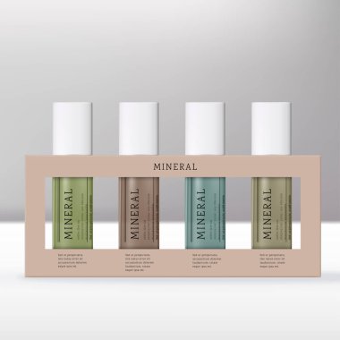 Parfüm Yağı Üzerine Vektör Güzellik veya Cilt Yuvarlağı Ya da Beyaz Başlıklı Hediye Paketinde Banyo Yağı Şişesi.