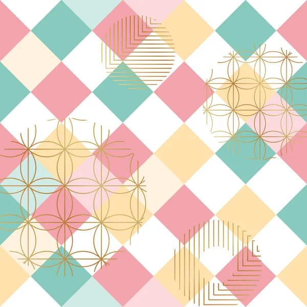 Векторный Японский Стиль Multi Pastel Colors Floral Checker Seamless Pattern — стоковый вектор