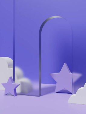 3D Renklendirme En Az Renk Geometrik veya Bulut ve Şeffaf Kapı Malzemeleri ile Soyut Güzellik ve Moda Ürünleri Arkaplanı. Violet.