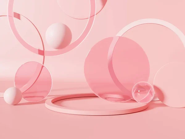 3D Rendering Stüdyo Çekimi Pembe Küreler, Tabaklar ve Güzellik Yüzükleri ve Cilt Ürünleri Arkaplanı.