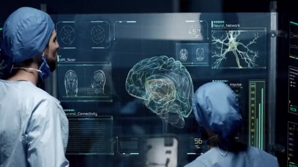 Professional Doctors Analyzing Human Brain Anatomy Scan Futuristic Touch Screen 로열티 프리 스톡 비디오