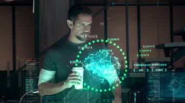 Independent Scientist and Artificial Intelligence Developer Working with Futuristic Holographic Neural Network Interface. Virtual Augmented Reality of Digital Brain. Error in Compiling Code.