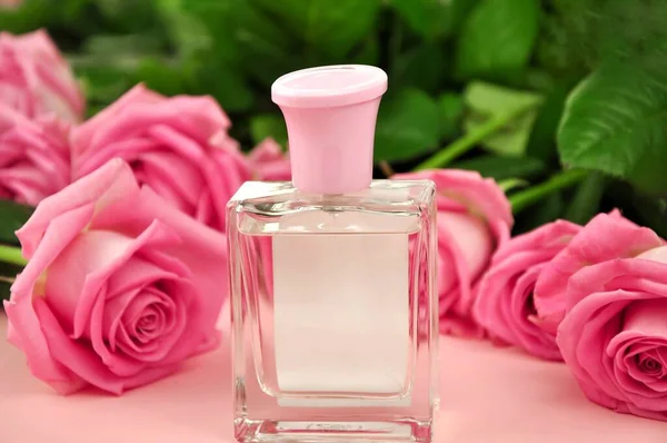 Rose parfém na růžovém pozadí s květinami — Stock fotografie