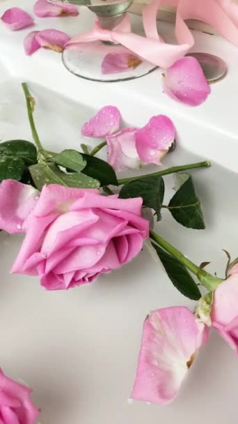 Ποτήρι κρασί και μπουκέτο ροζ τριαντάφυλλα στο νεροχύτη — Αρχείο Βίντεο