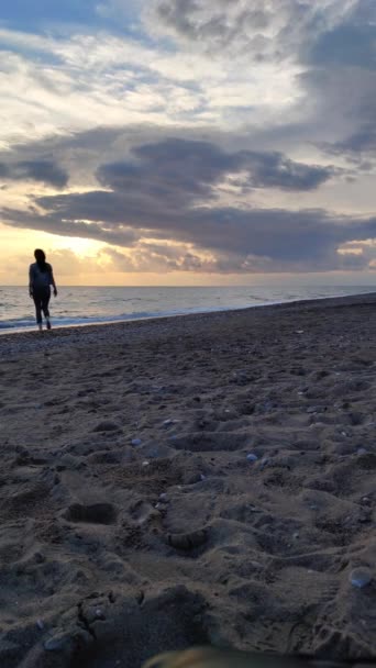 海岸を歩いている女性のシルエット — ストック動画