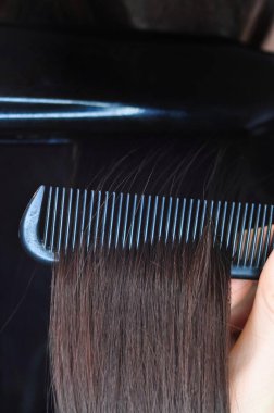 Saç fırçası ve makro görünüş fotokopi alanı ile saç birleştirme. Yüksek kalite fotoğraf