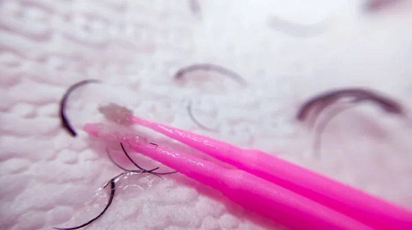 Removed fake lashes for lash extensions on pink napkin. High quality photo