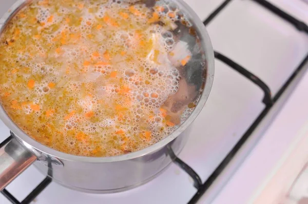 Steel Pot Soup Carrot Onion Potatoes Stove High Quality Photo — Stock Photo, Image