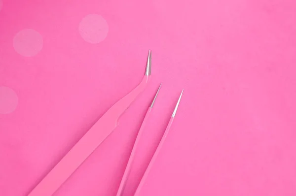 Tweezers Eyelash Extensions Pink Background Lashmakers High Quality Photo — Fotografia de Stock